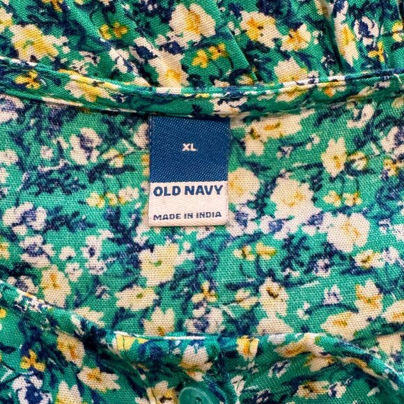 XL Old Navy Green Floral Puff-Sleeve Button-Front Midi Swing Dress - Picture 7 of 7